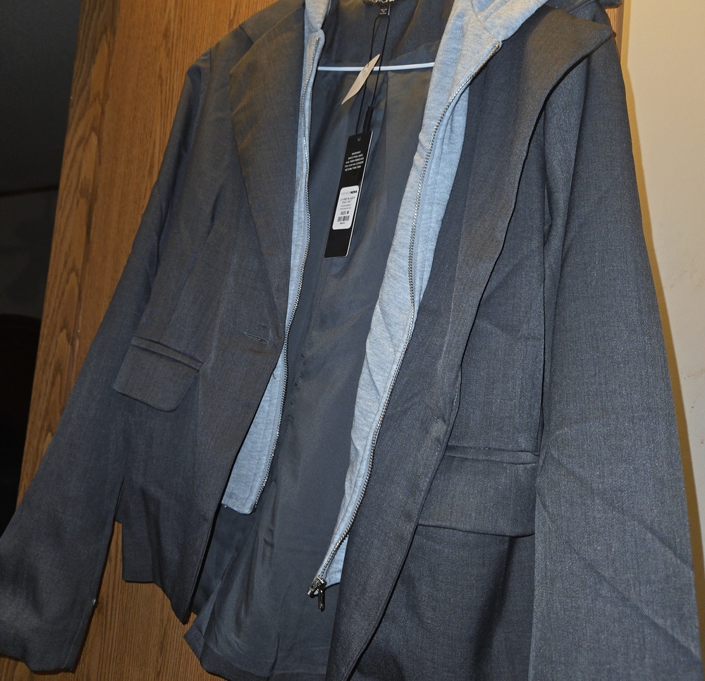 Womens Gray Layered Zip-Front Blazer Jacket with Hood Made Together
